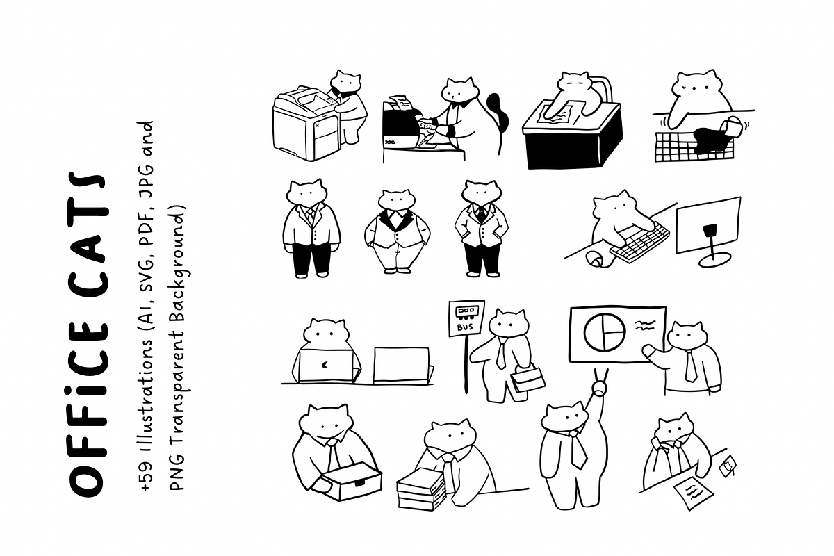+59 Office Cats: Cute Hand-Drawn Set, a Work Illustration by The Journey Atelier (Photo 2 of 5)