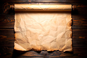 Blank scroll with wrinkled parchment over dark wooden planks, a Background Photo by GoodGoods
