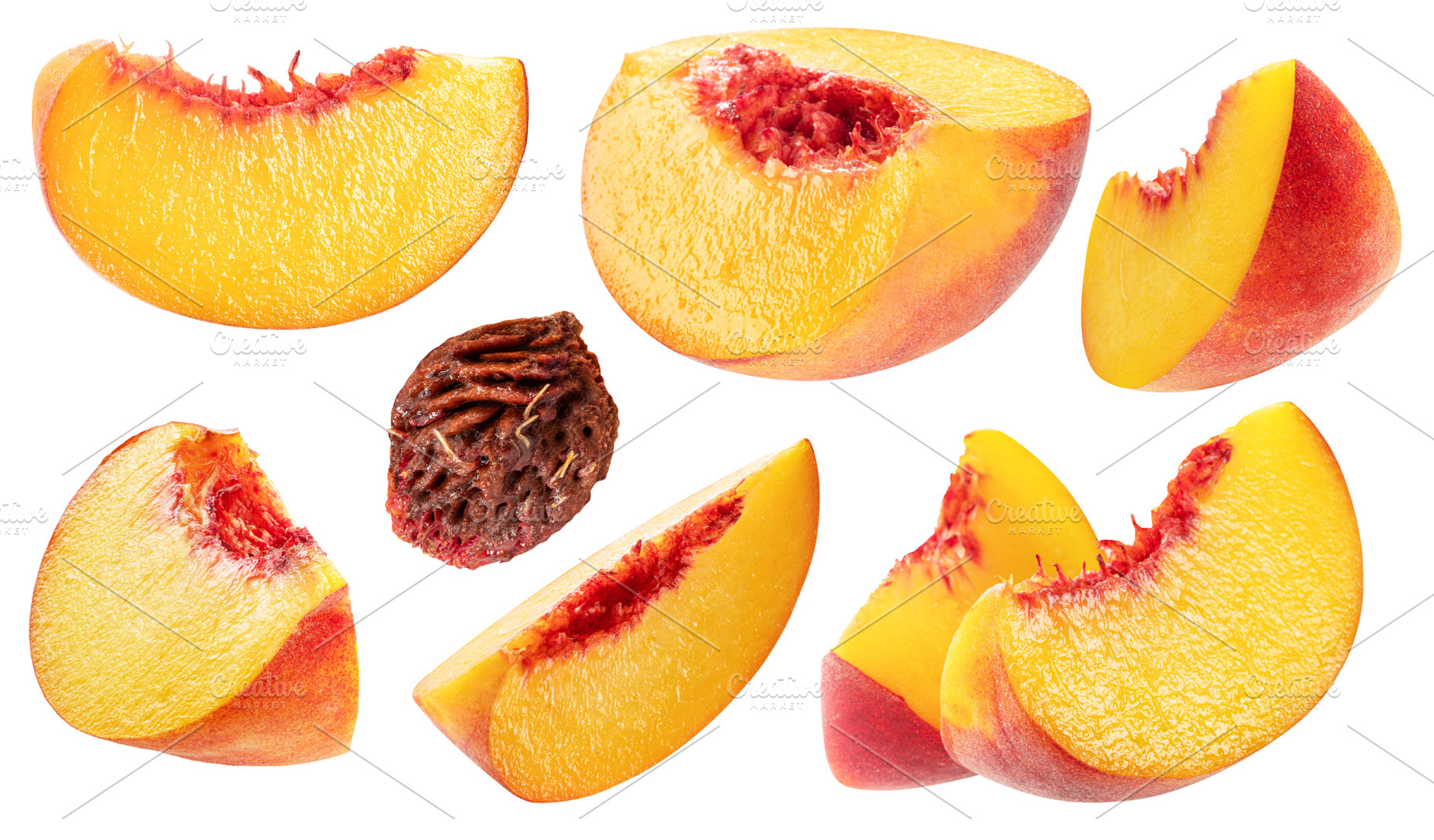 Set of ripe yellow juicy peach slices streaked with red isolated, a Food & Drink Photo by Volff