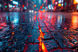Neon reflections on wet city street with glowing crack in asphal, an Abstract Photo by José Manuel Gelpi