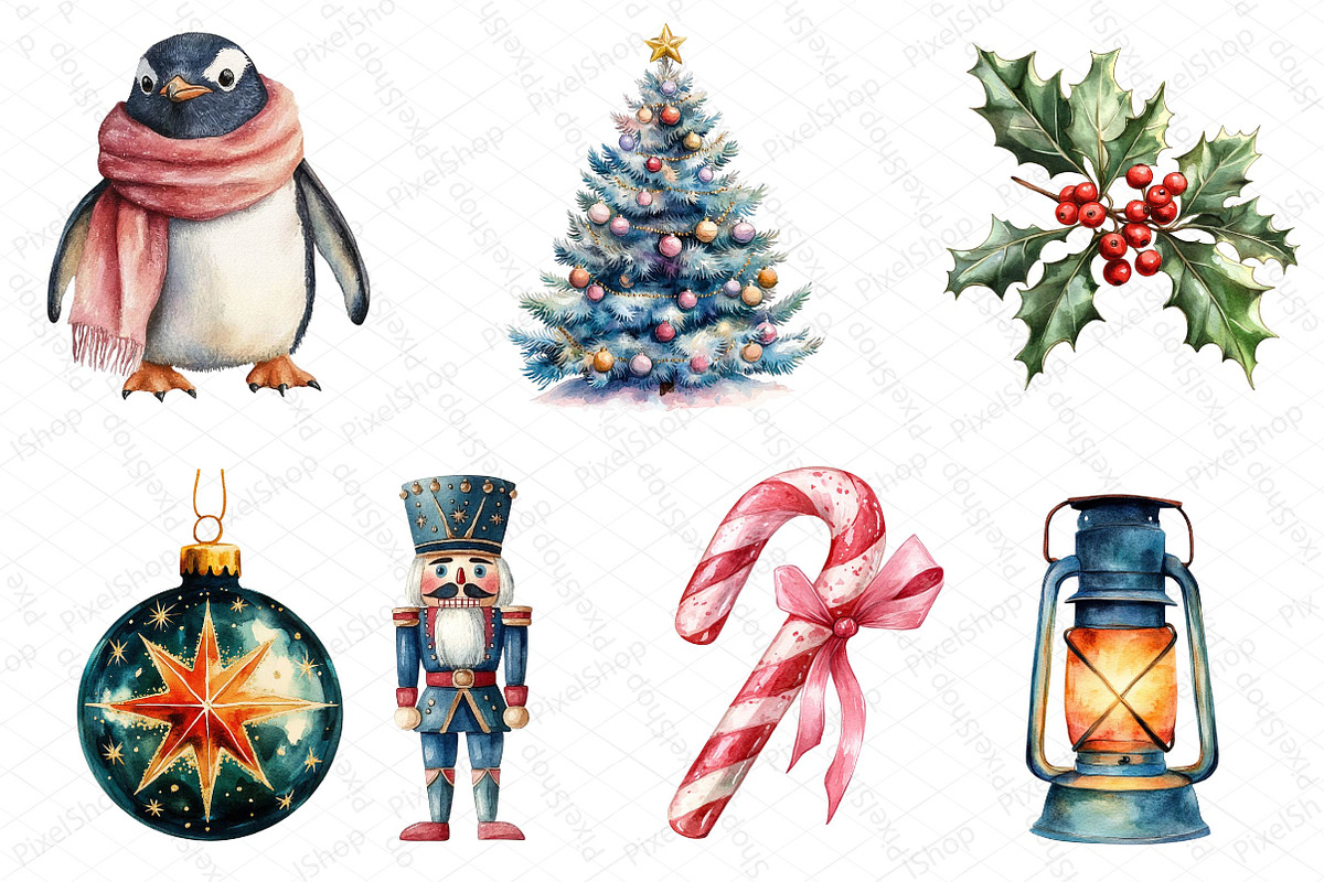 Watercolor Retro Christmas Clipart, an Illustration by DreamPrint404 (Photo 4 of 5)