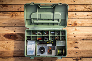 Organized Fishing Tackle Box on Rustic Wooden Table, a Sports & Recreation Photo by Davizro's Market