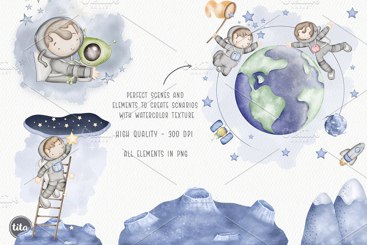 Space astronauts kids clipart, an Illustration by Tita Creative Studio (Photo 3 of 7)