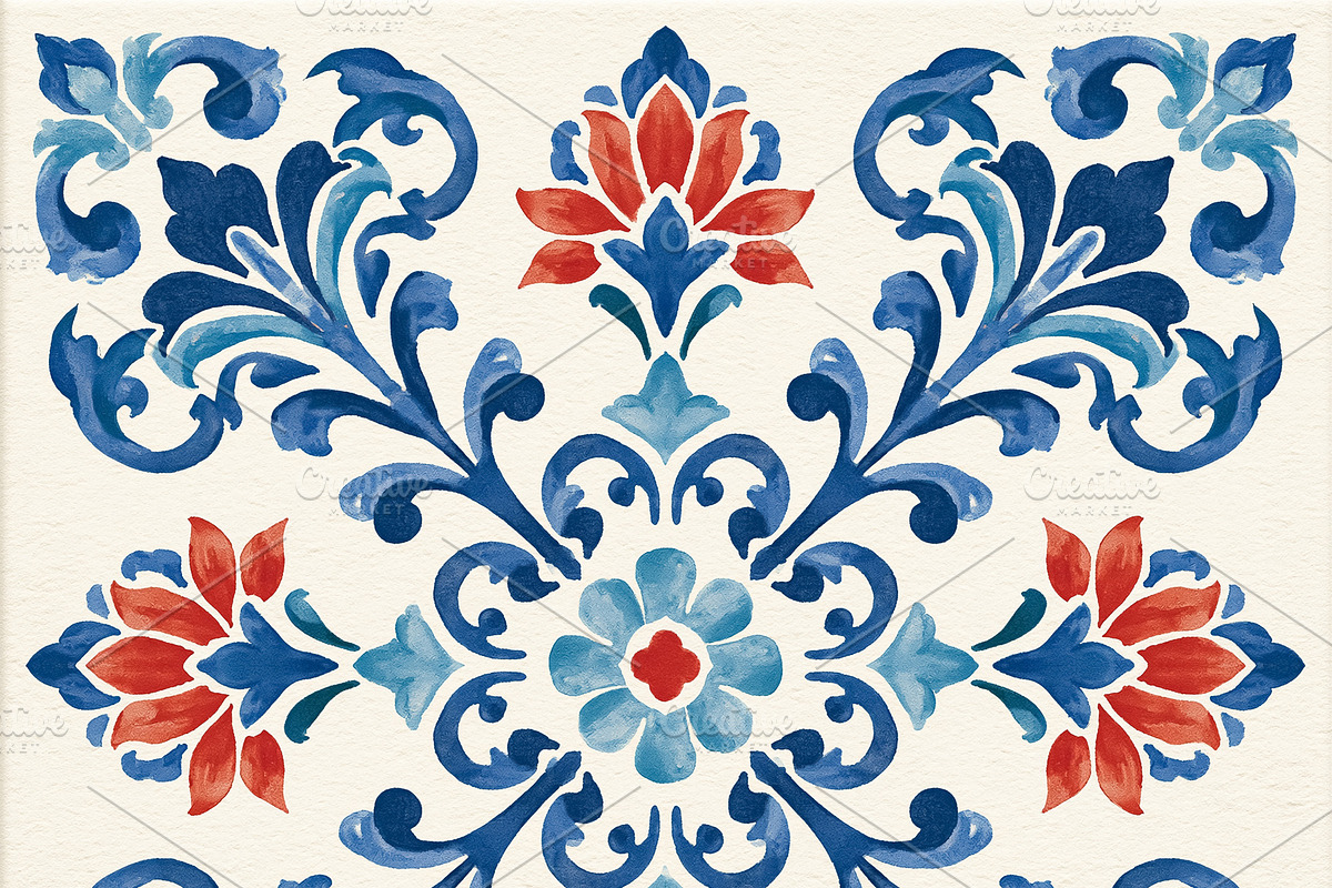 Traditional Mediterranean arabesque tile design with blue and co, an Illustration by Studio ANNA