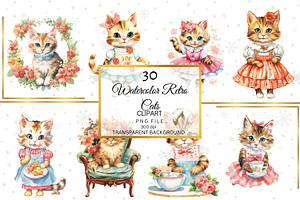 Watercolor Retro Floral Cats Clipart