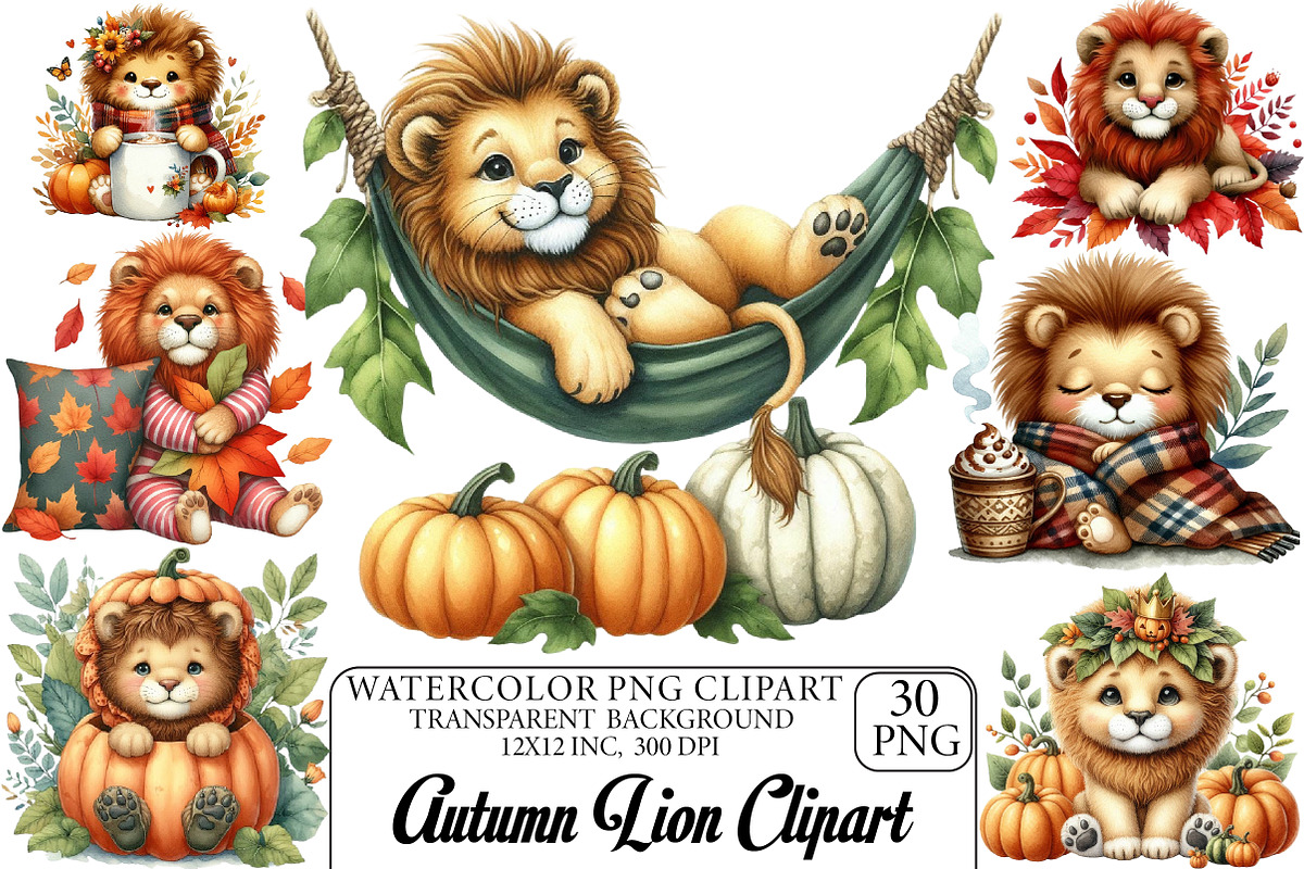 Watercolor Autumn Lion Clipart, an Illustration by DreamPrint404 (Photo 1 of 6)
