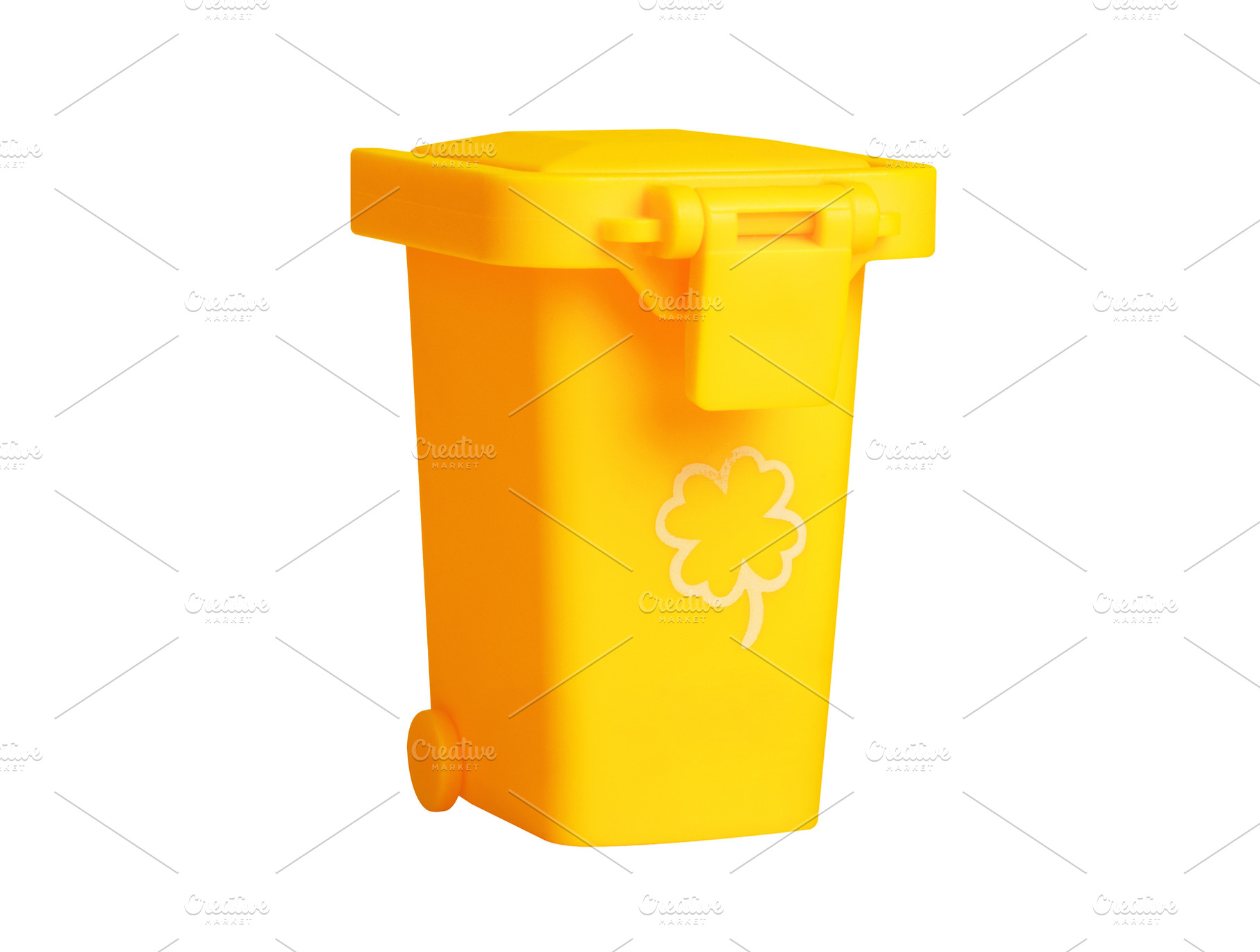 Bright yellow plastic recycling bin with shamrock motif, isolate, an Industrial Photo by Ales Munt