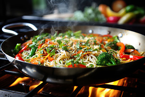 Cooking fresh vegetables and noodles in pan, a Food & Drink Photo by AlyaAnd