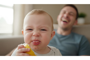 Cute baby making funny face and, a Food & Drink Photo by Igor Tichonow