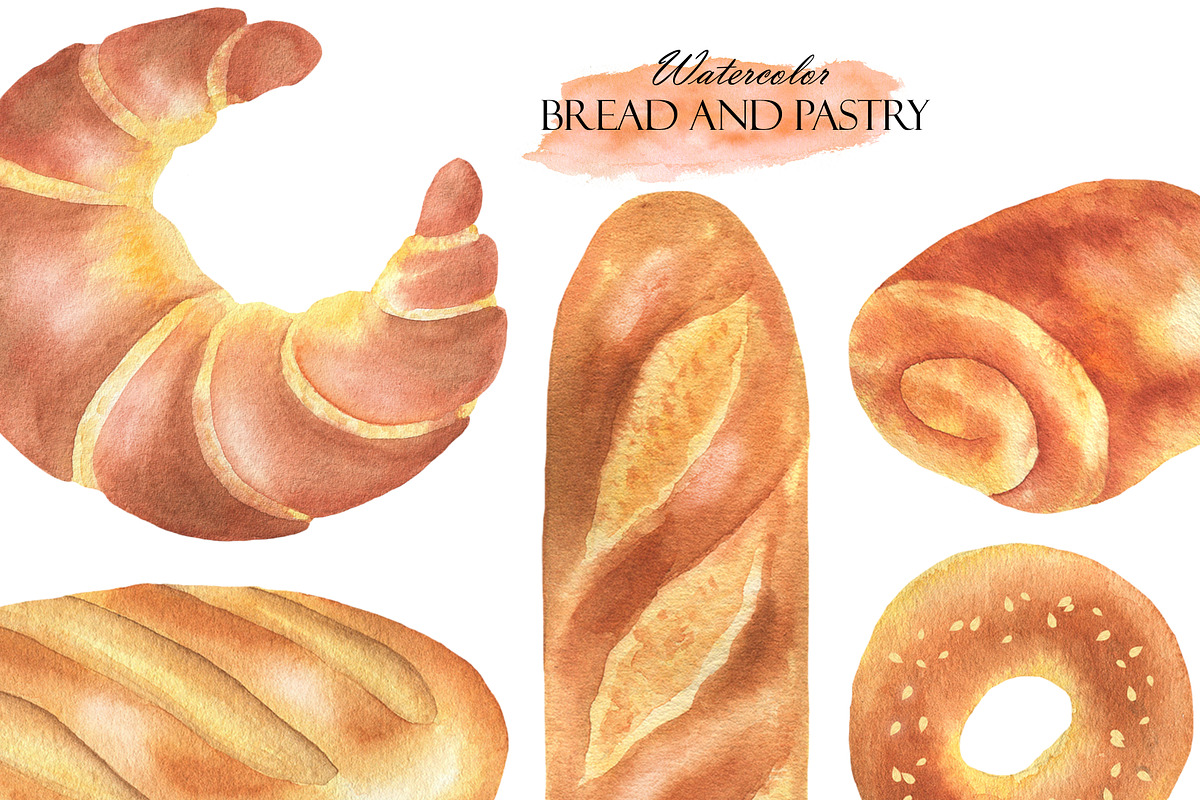 Watercolor Bread and Pastry Clipart, a Food Illustration by OlDm_Shop