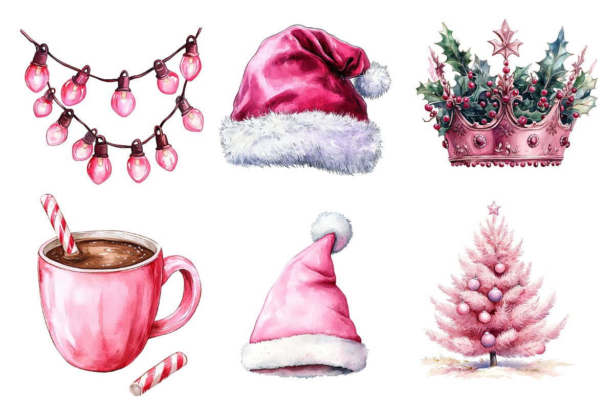 Pink Christmas Watercolor Clipart, an Illustration by Dream Creation (Photo 2 of 7)