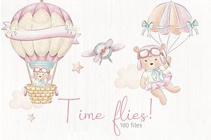 Time flies Pink - Aviator bear, an Illustration by Lolytop Studio