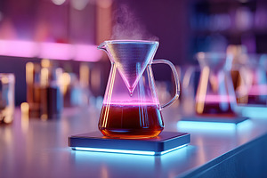 Neon-lit bar counter featuring a pour-over coffee setup and vibrant colors, a Food & Drink Photo by AlyaAnd