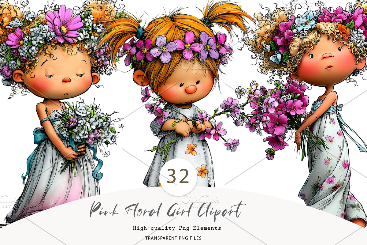 Pink Floral Girl Clipart, a Seasonal Illustration by CreationArt (Photo 1 of 7)