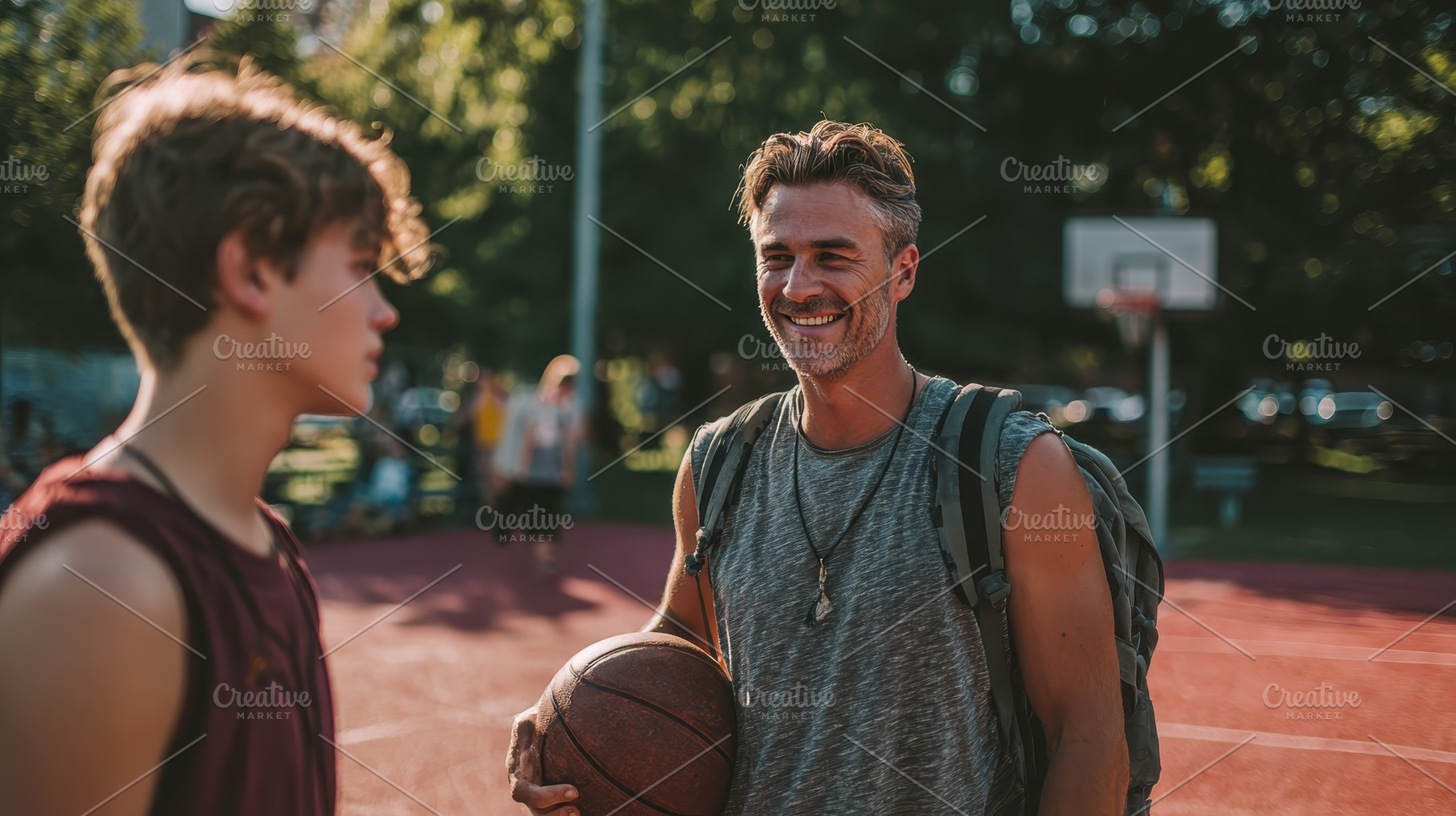 Happy father and son basketball game, a Photo by Pixeness Studio