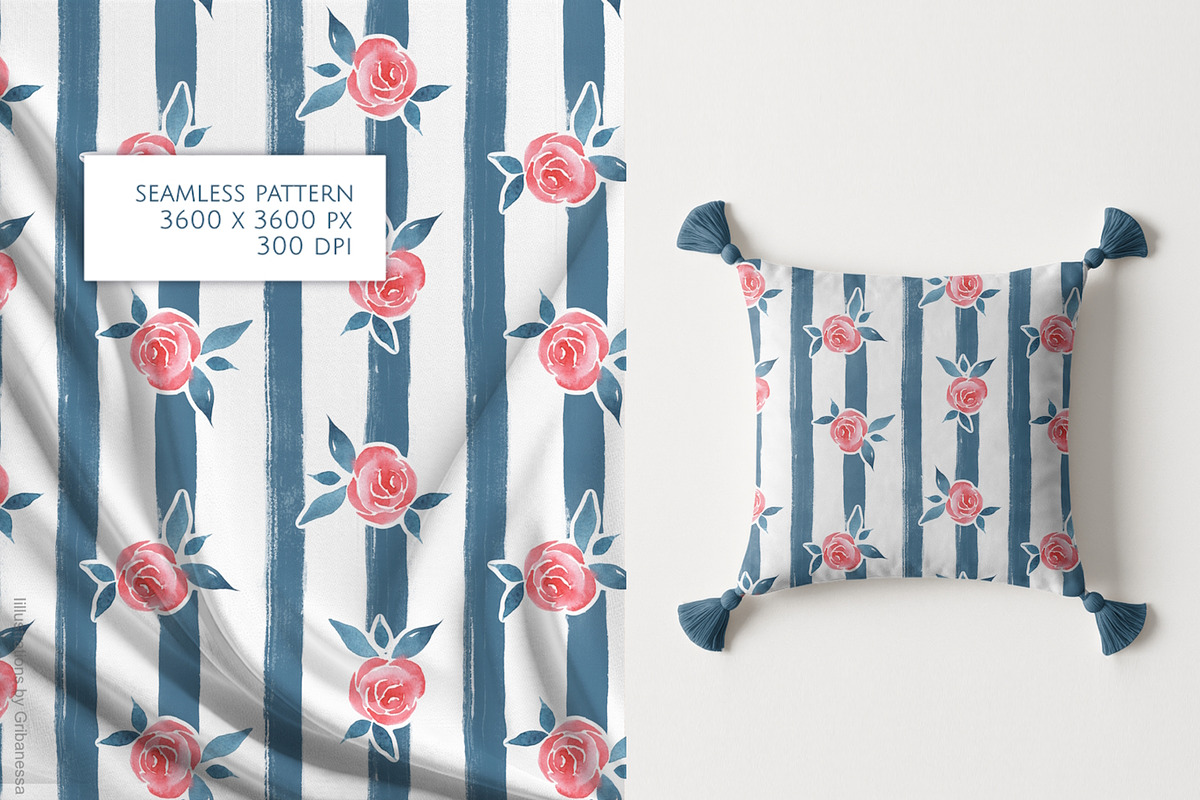 Watercolor Rose Patterns with blue, a Pattern Graphic by Gribanessa (Photo 2 of 4)