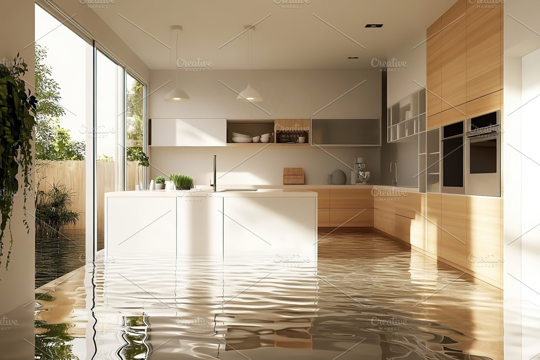 Kitchen flooded with water during the afternoon in a modern home, a Photo by AlyaAnd