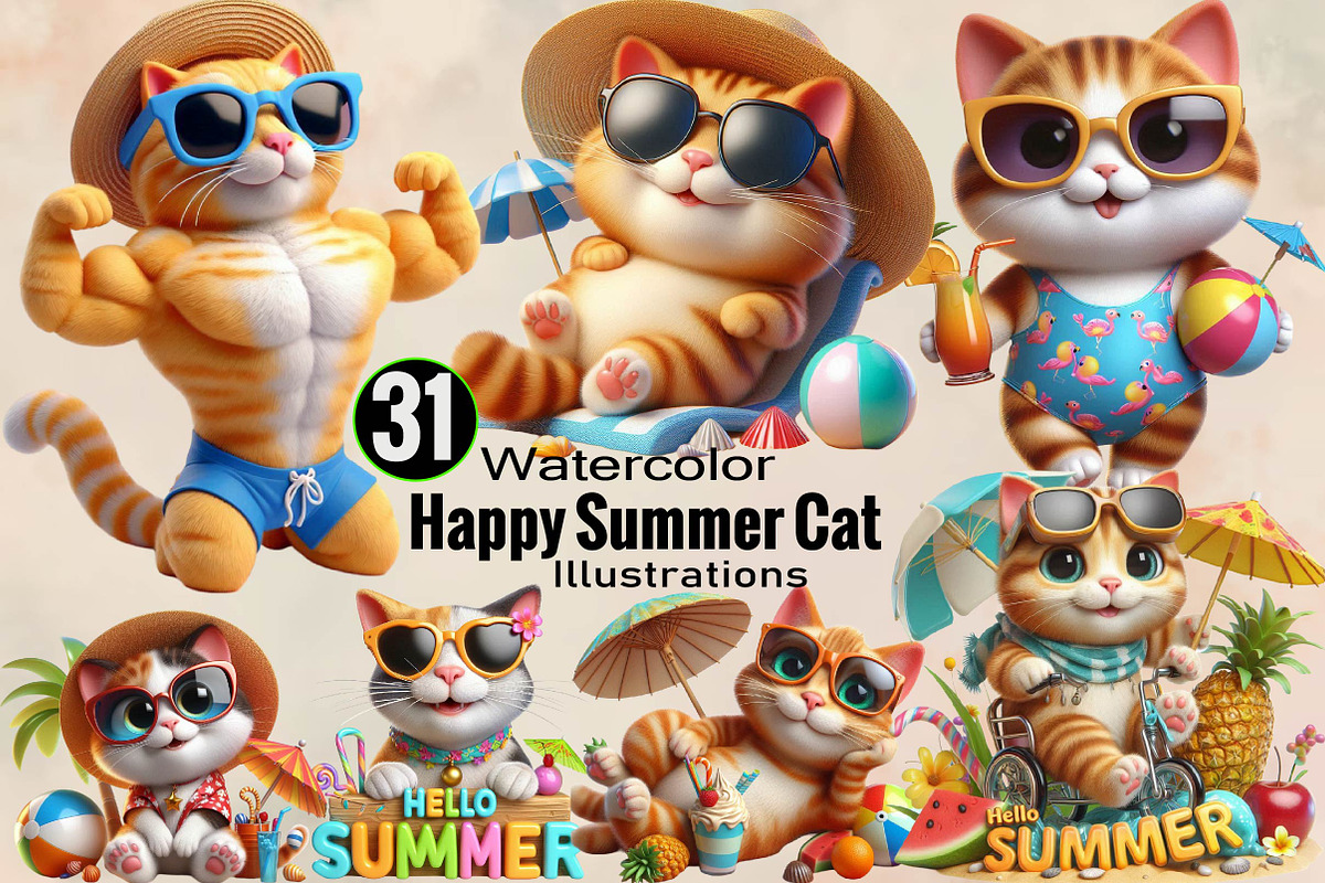 Watercolor Happy Summer Cat Sublim, an Illustration by SVGArt (Photo 1 of 8)