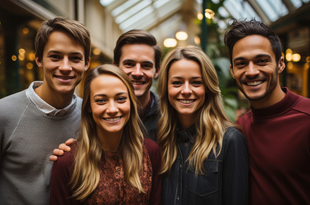 Portrait of smiling friends standing together in a row in a pub., a Person Photo by AS photostudio