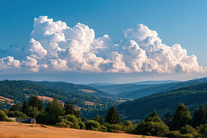 Dramatic clouds forming over the distant forest edge during a sunny day, a Photo by AlyaAnd