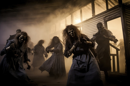 A spooky scene at a haunted house attraction. Halloween Concept., a Holiday Photo by designvectx