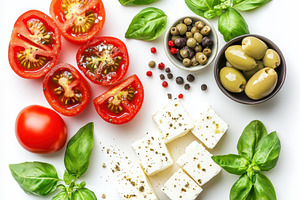 Fresh ingredients for Greek salad to, a Food & Drink Photo by Pixeness Studio