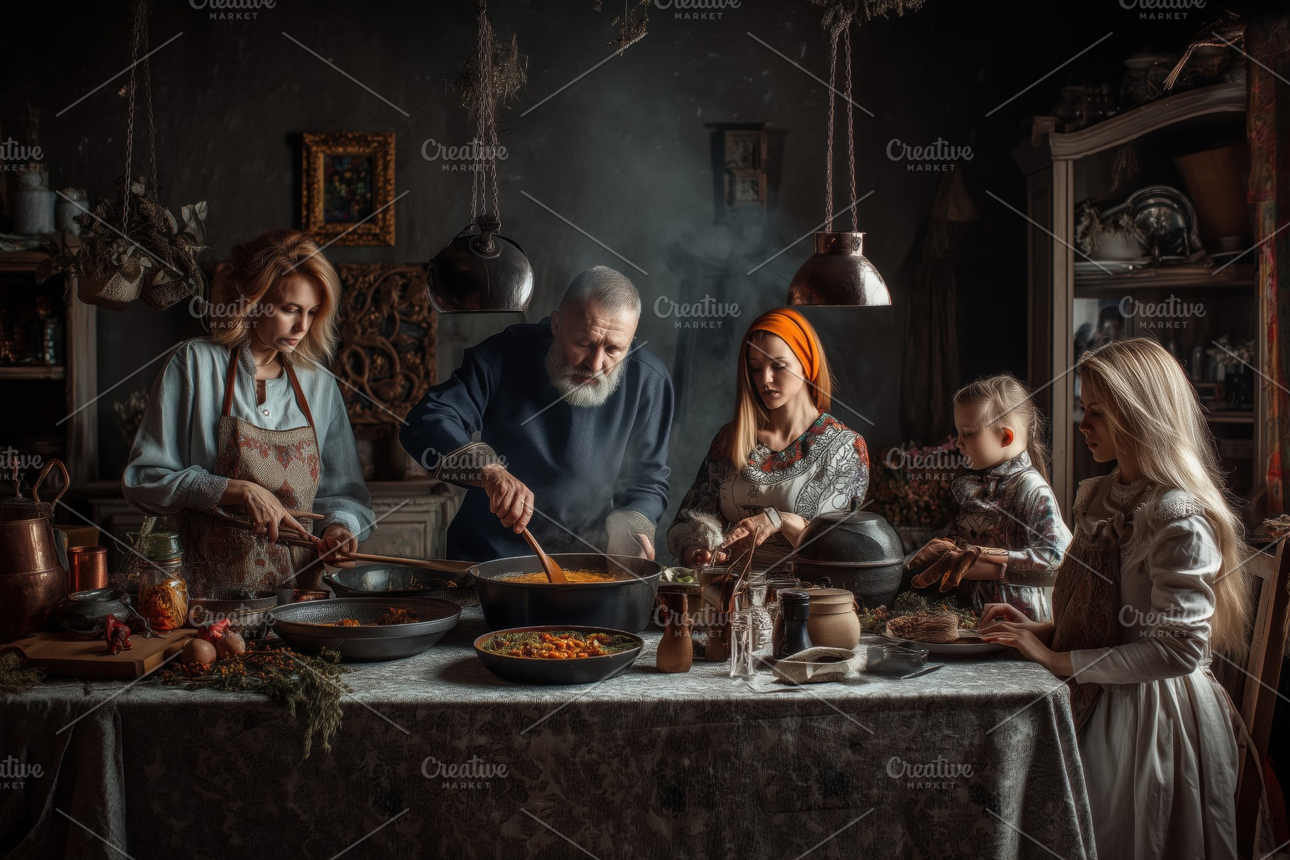 A warm, rustic kitchen scene featuring a diverse group of people cooking togeth, a Person Photo by Textures & Backgrounds