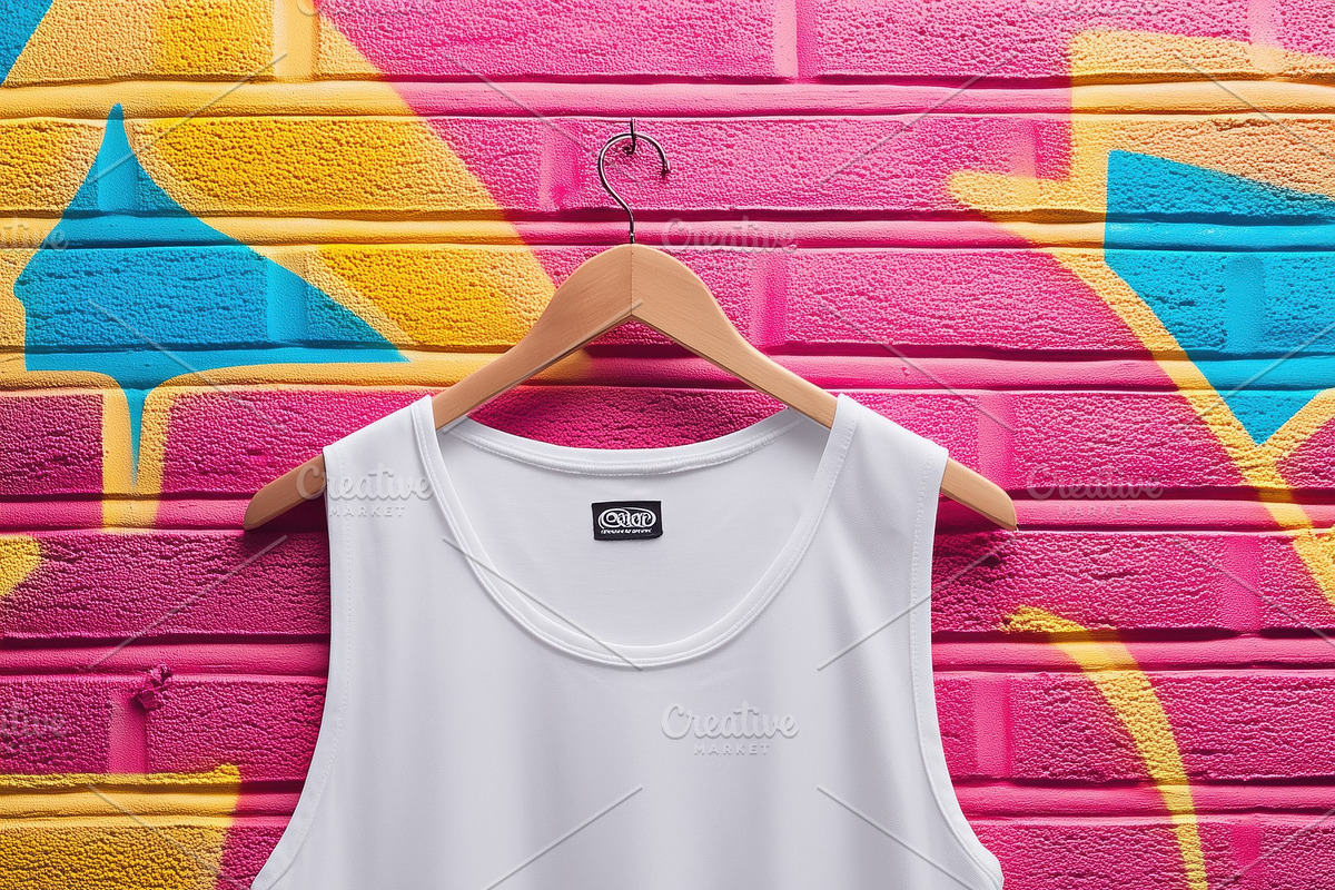 A plain white tank top mockup hanging on a wooden hanger against a vibrant pink, a Shirt Mockup by Textures & Backgrounds