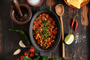 Mexican Beef Chili Con Carne with Ingredients and Tequila on Rus, a Food & Drink Photo by Natalia Klenova's Shop