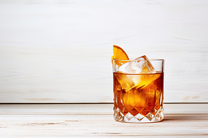Alcoholic cocktail with ice on wooden background, a Food & Drink Photo by AlyaAnd