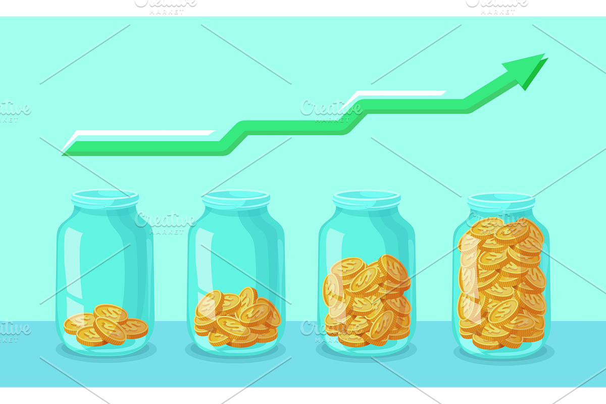 Money jar. Glass jars filled gold, a Finance Illustration by Stock-Smart-Start