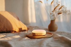 Glowing aesthetic device on wooden tray with soft morning light in cozy bedroom, a Photo by AlyaAnd