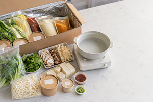 Hot pot ingredients set arranged on, a Photo by Dvoevnore photos
