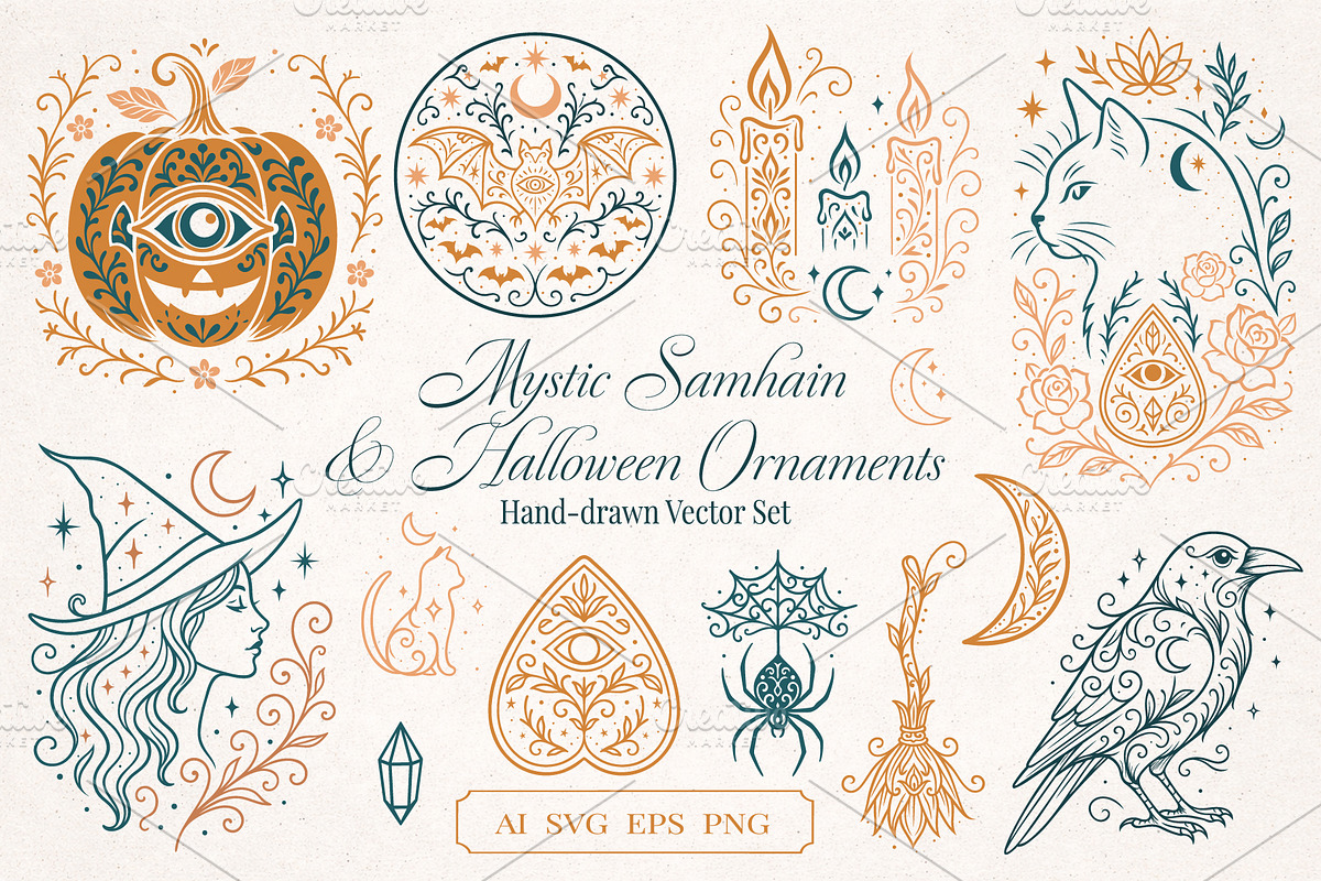 Mystic Samhain & Halloween Ornaments, a Seasonal Illustration by Christine Krahl (Photo 1 of 8)