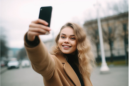 a young woman holding up her phone, a Person Photo by Sergey Kotenev
