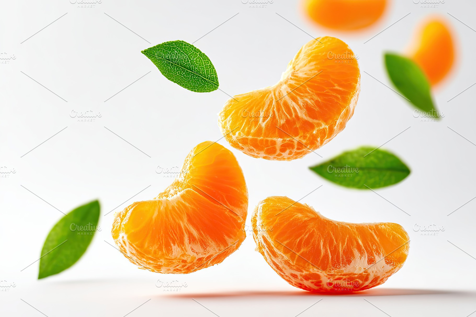 Peeled mandarin wedges and green leaves floating in the air against a white bac, a Food & Drink Photo by AlyaAnd