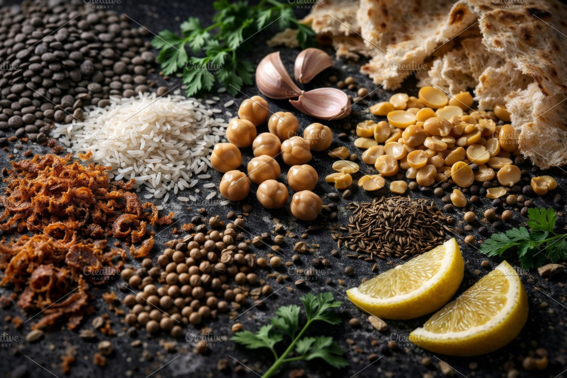 Various ingredients of Egyptian cuis, a Photo by Dvoevnore photos