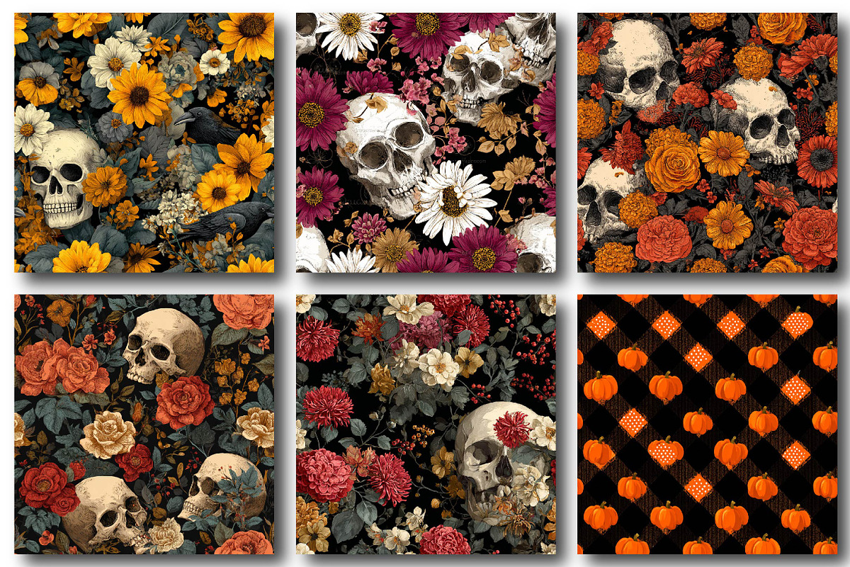 Halloween Skull With Flowers Pattern, an Illustration by DreamPrint404 (Photo 4 of 4)