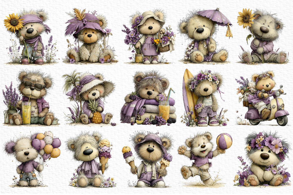 Whimsical Summer Teddy Bear Clipart, an Illustration by Craft Nest (Photo 6 of 6)