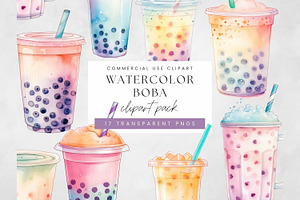 Watercolor Boba Tea Clipart, Pastel, a Decorative Illustration by illuztrate