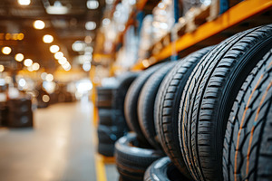 New tires stacked in a warehouse, a Transportation Photo by AlyaAnd