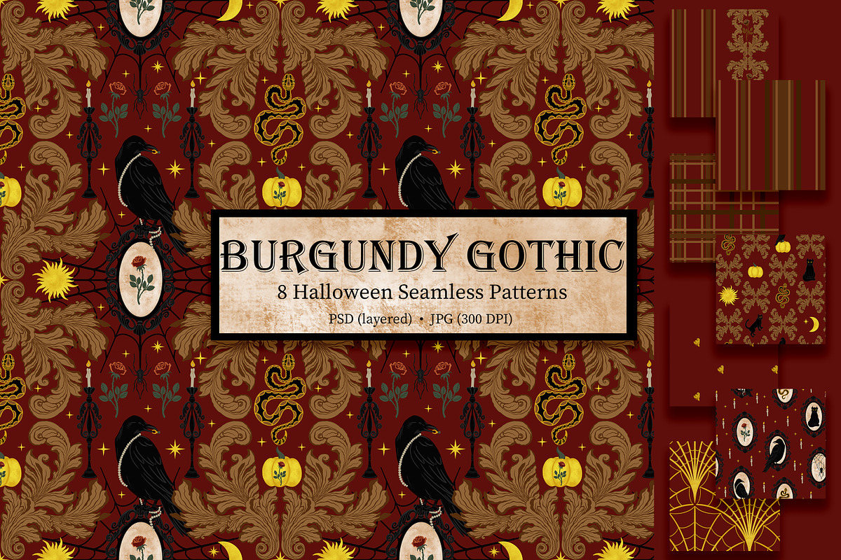 Burgundy Gothic Halloween Patterns, a Pattern Graphic by Oksana Dovhopol Art (Photo 1 of 9)