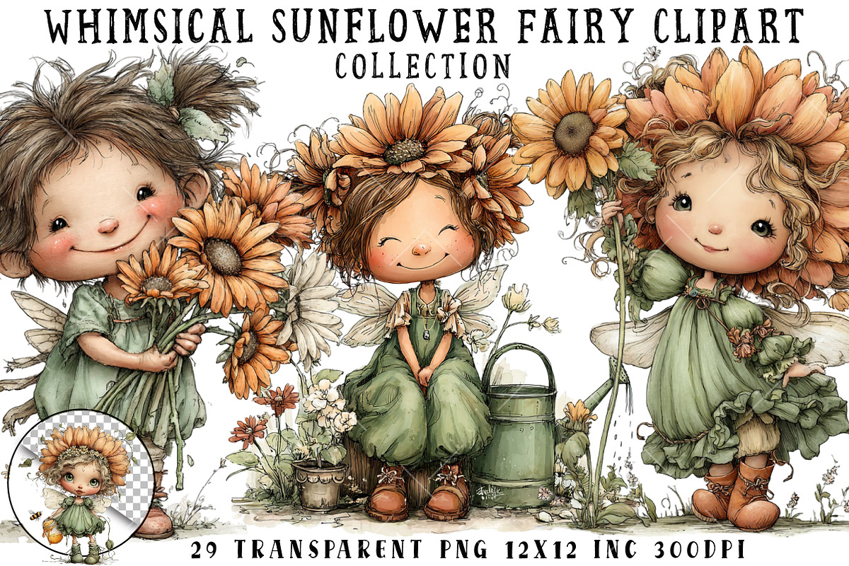 Whimsical Sunflower Fairy Clipart, an Illustration by OK Design (Photo 1 of 6)