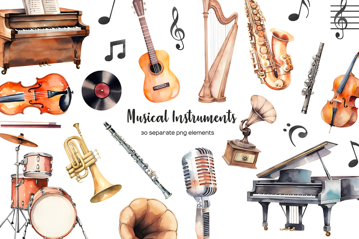 Watercolor musical instruments set, an Object Illustration by Art and Funny (Photo 1 of 4)