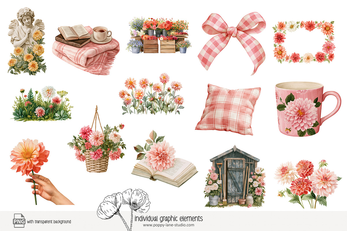 100 watercolour dahlia clip art, a Seasonal Illustration by Poppy Lane Studio (Photo 11 of 12)