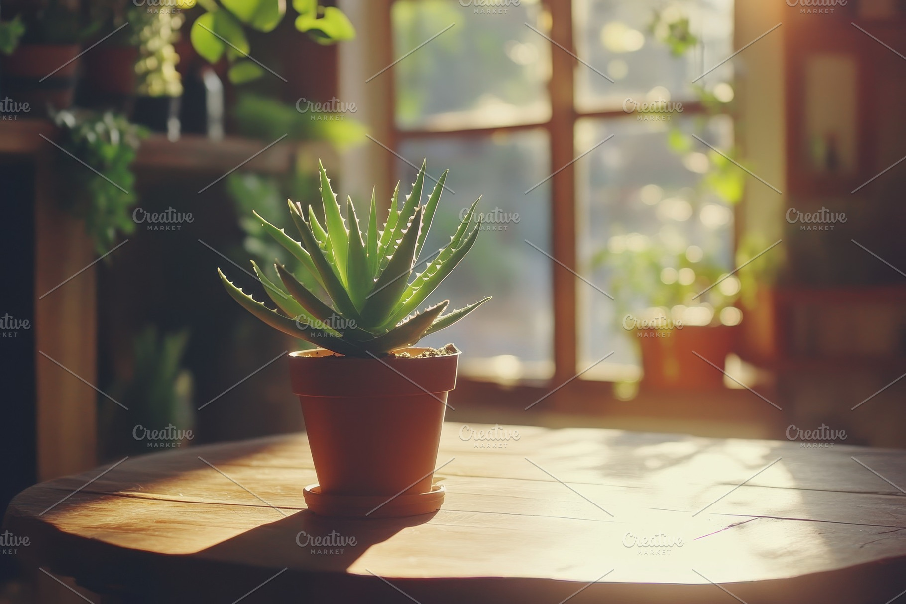Sunlit aloe plant on a wooden table, a Photo by Pavel_design