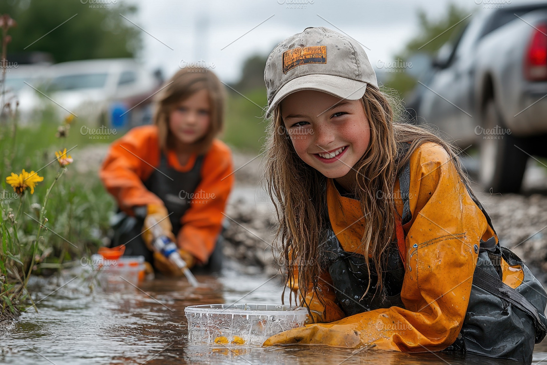 Children engage in creek exploration, a Photo by Tanuart