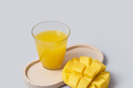Tropical fruits variety on a colorful background. Side view with
