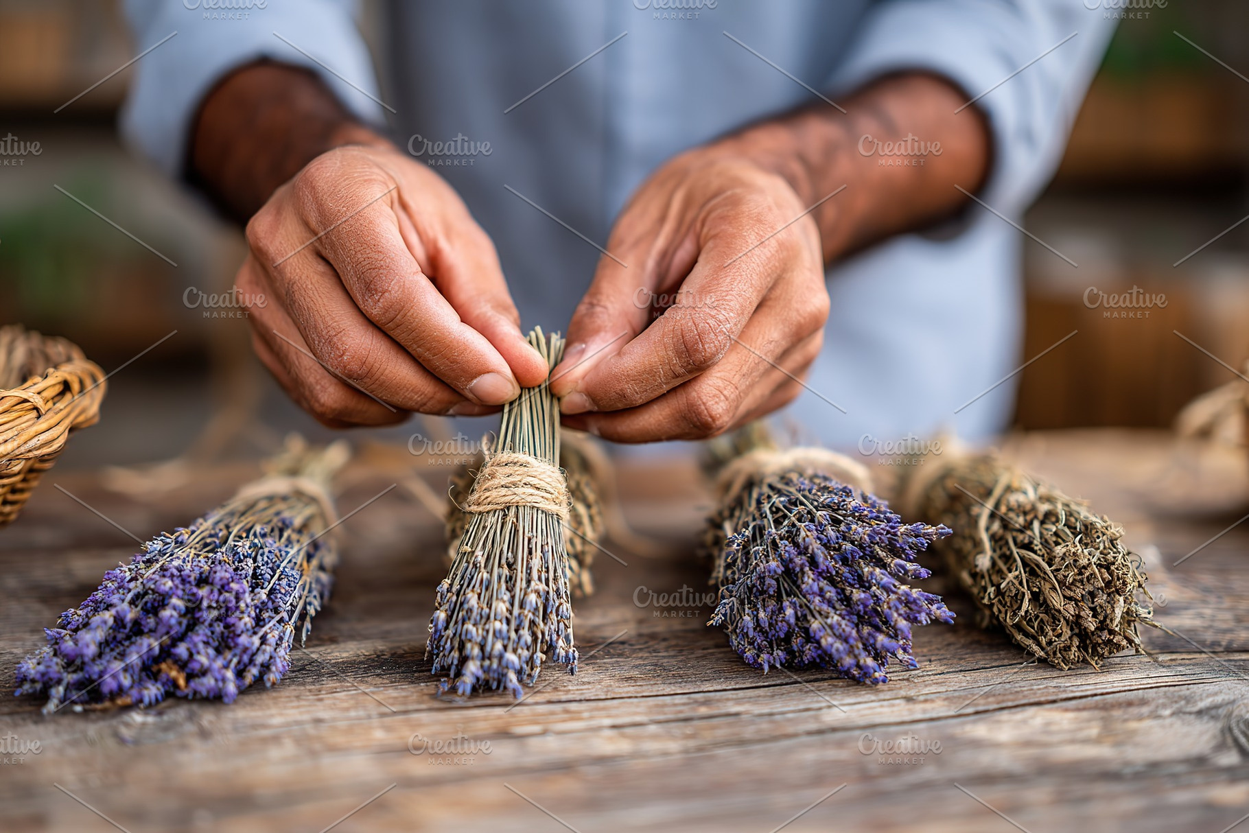Hands tying bundles of dried lavender in a rustic workshop setting, a Photo by AlyaAnd