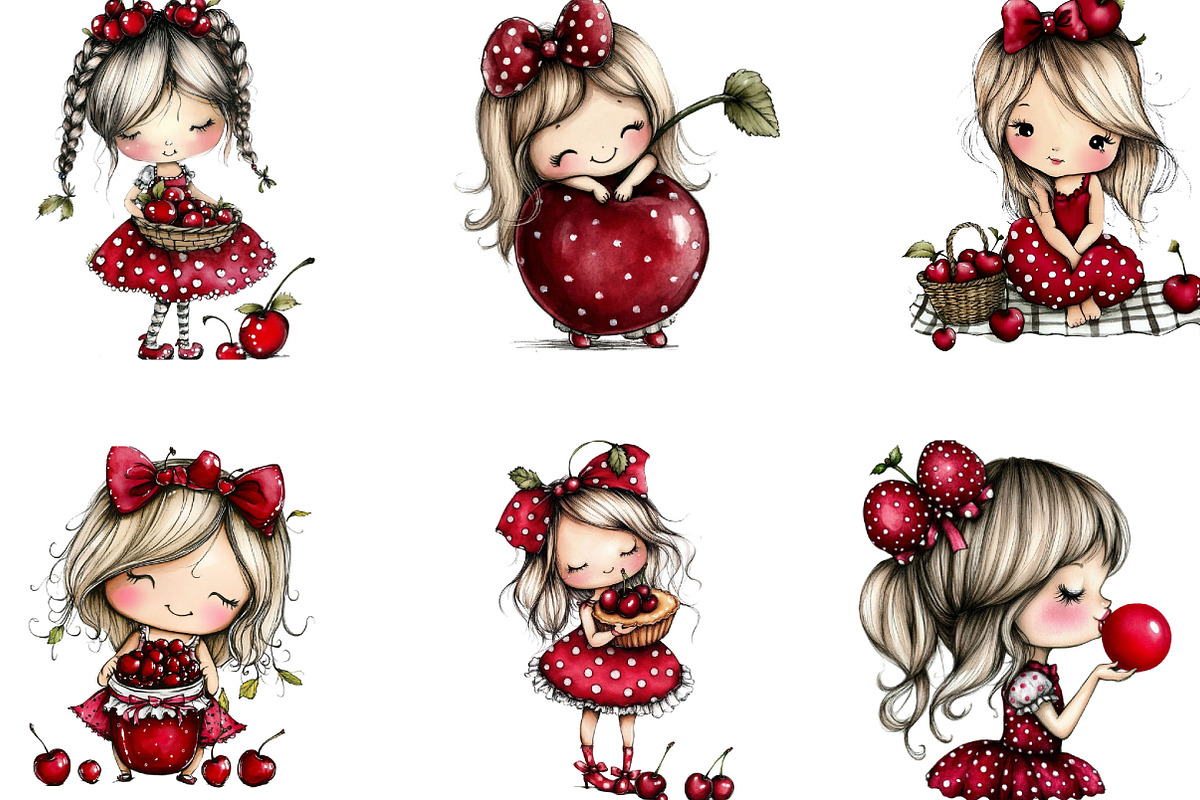 Watercolor Cherry Girls Clipart, a Person Illustration by Designking (Photo 3 of 5)